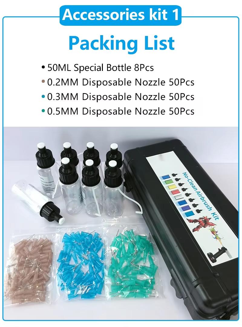 No-clean airbrush bottle and nozzle refill kit